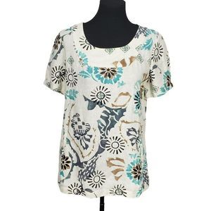 Hot Cotton Vintage Woman's 100%‎ Linen Floral White Pullover Shirt Medium